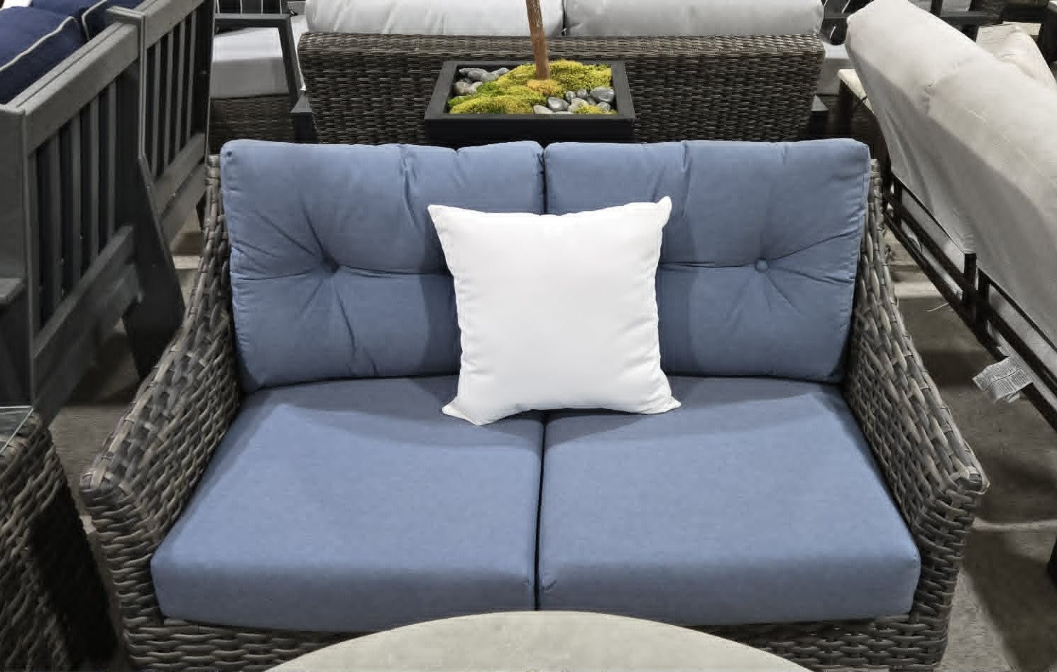 Grey Wicker Seating w/ Denim Cushion